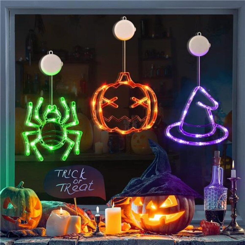 Halloween Decorations 3 Pack Orange Pumpkin Green Spider Purple Witch Hat